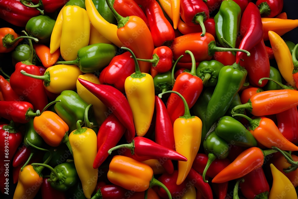 Background with a variety of colored peppers, texture and pattern of peppers. Background with a variety of colored peppers, texture and pattern of peppers.