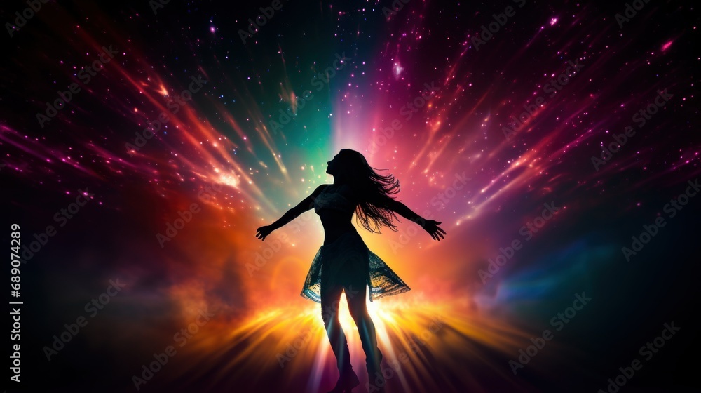Silhouette of a woman dancing against cosmic backdrop of fiery nebulas and stardust. Concept of mystical spiritual dance, freedom, energy and mystery. dance rhythm of soul spirit Silhouette of a woman dancing against cosmic backdrop of fiery nebulas and stardust. Concept of mystical spiritual dance, freedom, energy and mystery. dance rhythm of soul spirit