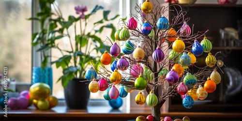 Easters tree with multi color balls are hanging on it and green plant near by easter tree on the wooden desk and large glass window on the background Ai Generative photo