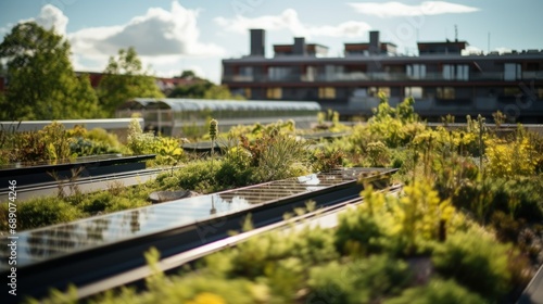 Urban Rooftop Garden with Solar Panels. Sustainable urban rooftop garden with integrated solar panels amongst lush greenery in a city environment. photo