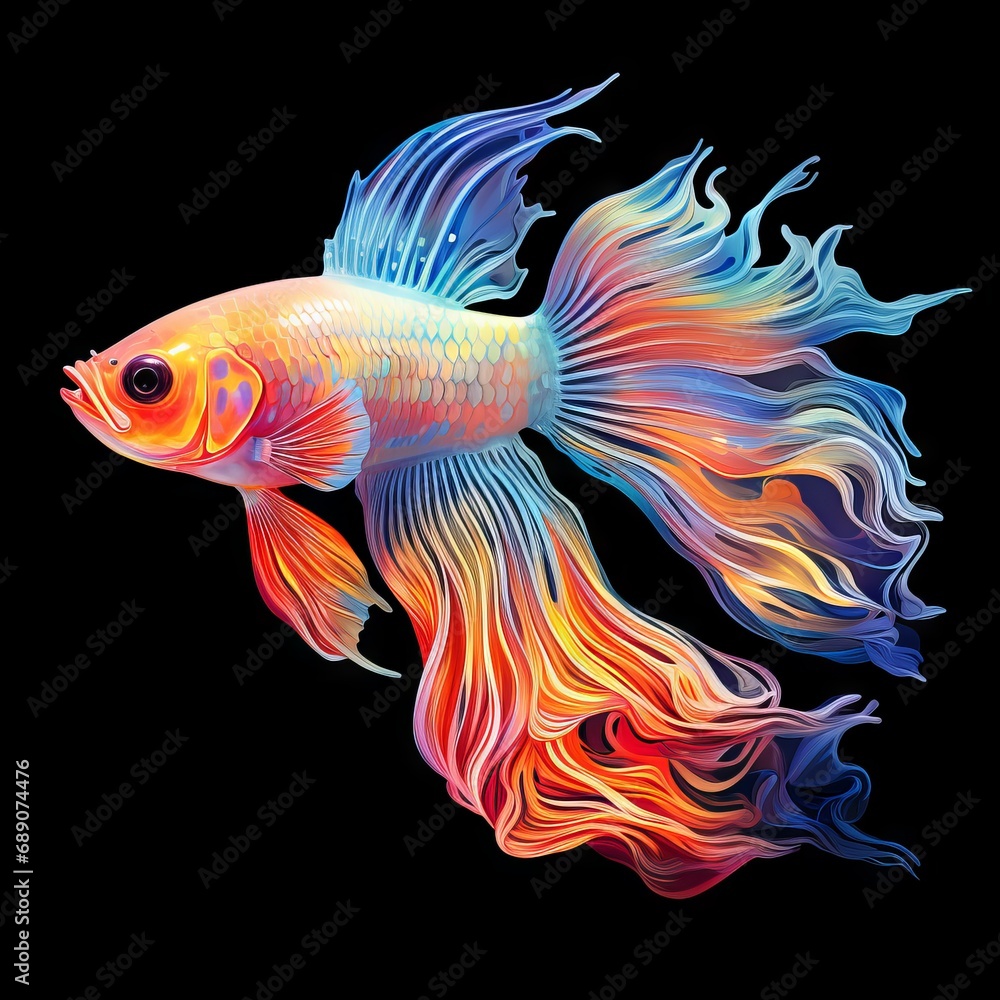 Colorful betta fish with bright fins in UV style on a black background. Picturesque underwater inhabitants. Beautiful fish tails. Concept: for photo wallpapers and postcards Colorful betta fish with bright fins in UV style on a black background. Picturesque underwater inhabitants. Beautiful fish tails. Concept: for photo wallpapers and postcards