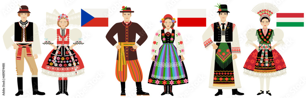 flags and costumes of Poland, Czech Republic, Hungary