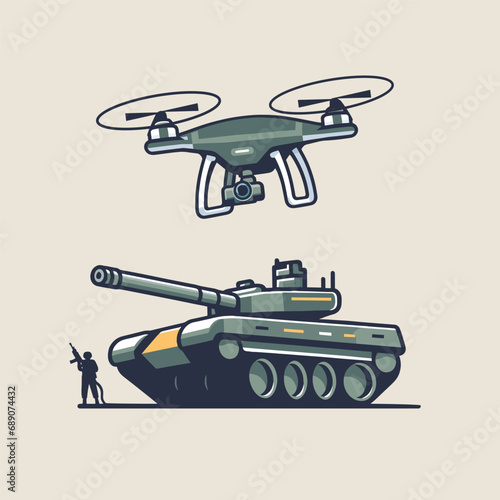 Military drone fly and maneuver over tank isolated vector illustration concept