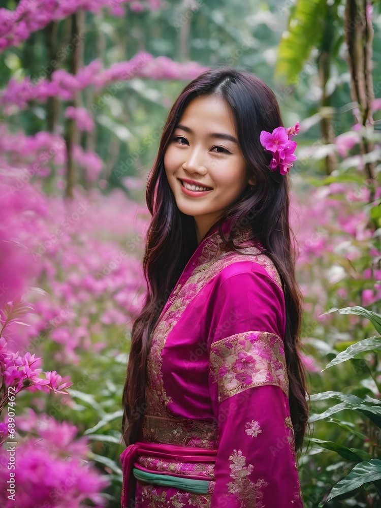 portrait of a beautiful asian women wearing tradition dress, in middle of flower fantasy jungle
portrait of a beautiful asian women wearing tradition dress, in middle of flower fantasy jungle