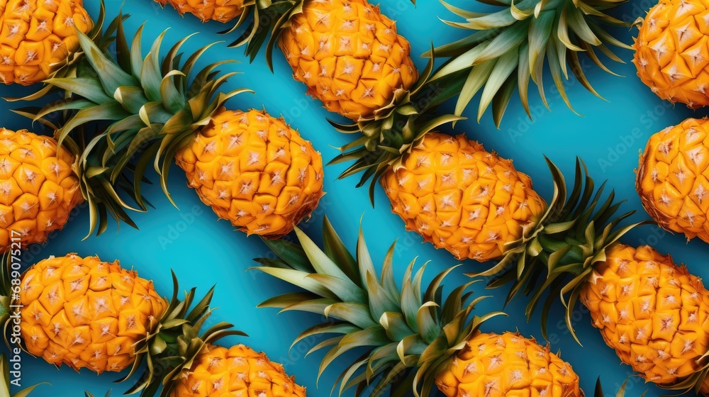 Pineapples on a bright blue background. Summer concept. View from above. Pineapples on a bright blue background. Summer concept. View from above.