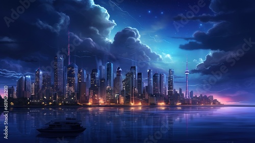 Gorgeous Night view of city skyline. Night city lights. Urban cityscape skyline night scene