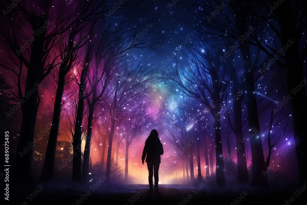illustration of a fabulous landscape at night, a girl walking in the forest, silhouettes of trees and fireflies around her