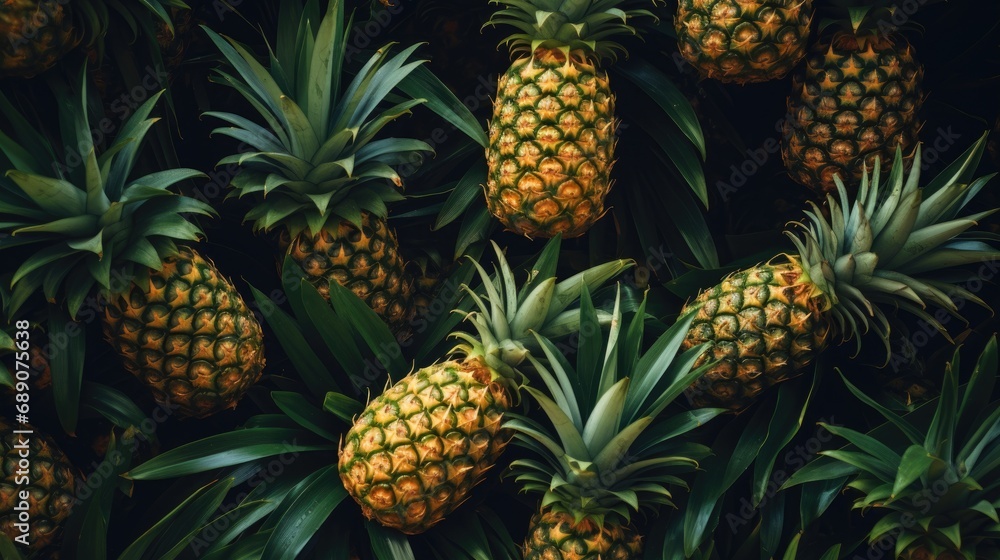 Pineapples on a bright black background. Summer concept. View from above. Pineapples on a bright black background. Summer concept. View from above.