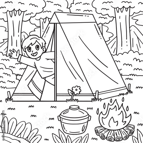 Camping Camper Waving from Inside Tent Coloring