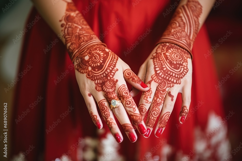 Henna painting, mehendi on bride's hands with the red dress background. Wedding preparation in India. hindu bride Mehendi henna design
