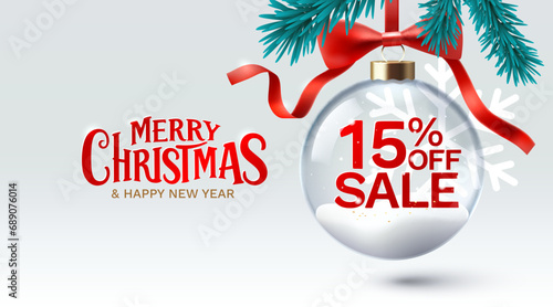 Merry Christmas and happy new year, 15 Percentage off sale. Vector illustration 