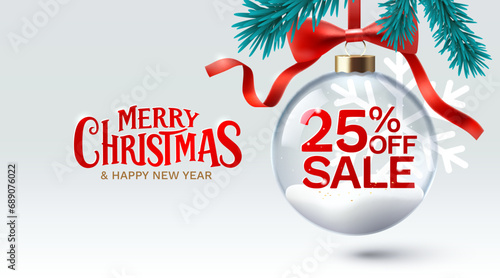 Merry Christmas and happy new year, 25 Percentage off sale. Vector illustration 