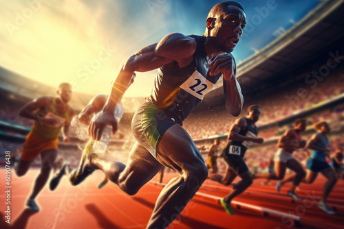 Sprinter leading at forefront of track race. Competitive sports and determination. © Postproduction