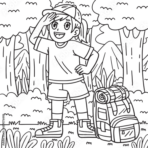 Camping Camper with Backpack Coloring Page 