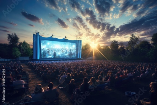 Open air cinema with large crowd at sunset. Outdoor entertainment. photo