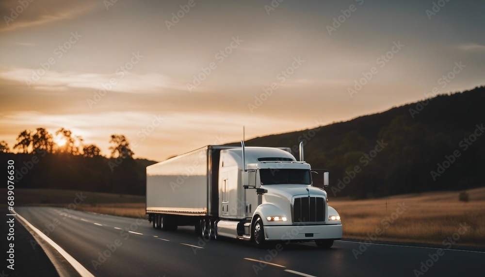 A white truck with a white blank empty trailer moving at on highway
A white truck with a white blank empty trailer moving at on highway