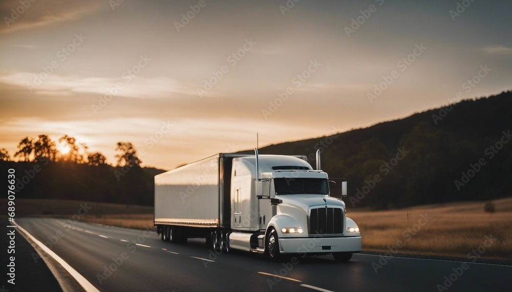 A white truck with a white blank empty trailer moving at on highway

