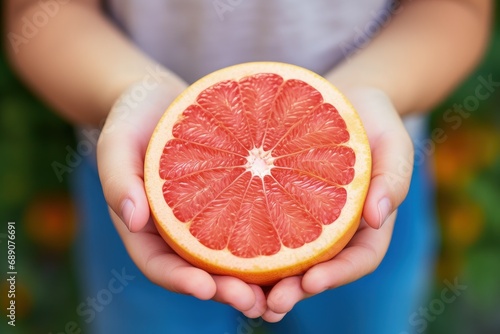 Detailed shot capturing a child's hands grasping a large, fully ripe grapefruit