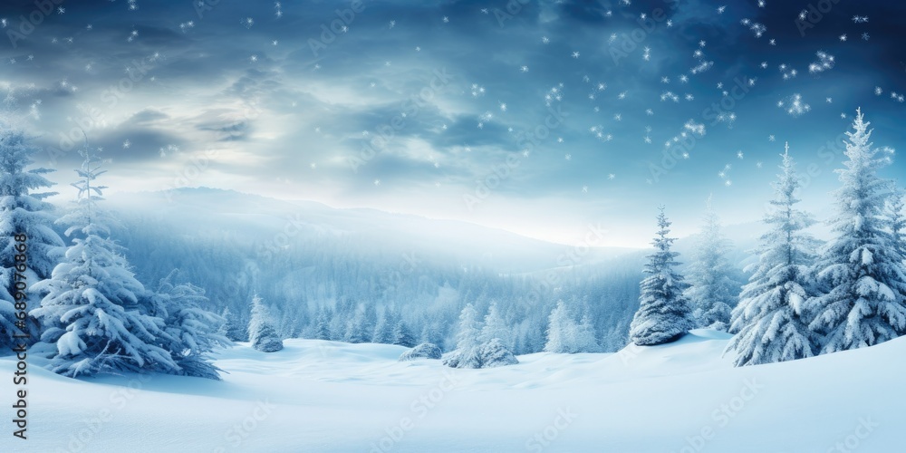 Winter Wonderland Scene Background - Snow-Covered Trees and Forest - Magical Landscape Evoking the Spirit of Christmas and New Year Time