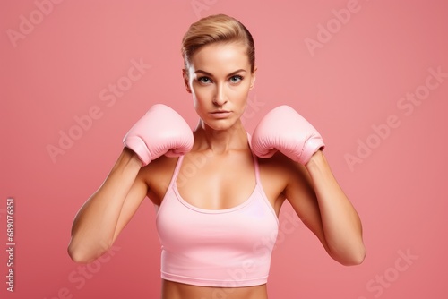 Beautiful woman with pink ribbon and boxing gloves. Breast cancer concept © ANStudio