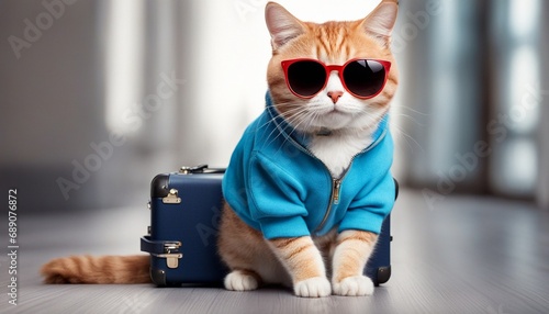 Funny cat in a blue sweatshirt and sunglasses, sits with a suitcase on a white background photo