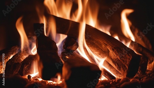 wood fire burning in the fireplace 