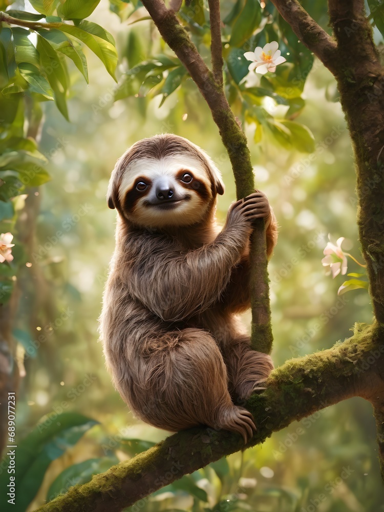 Fototapeta premium squirrel on treeCute sloth hanging on tree branch with funny face look, perfect portrait of wild animal in the Rainforest