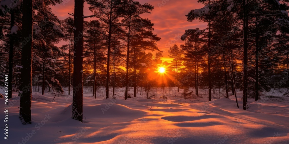 Enchanting Sunset in the Wood Between Trees with Falling Snow - Winter's Twilight Magic - Capturing the Serenity of Nature's Evening Dance