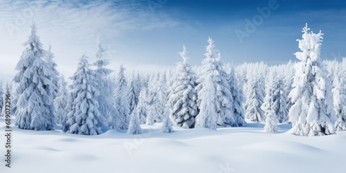 Snow-Covered Pine Trees Creating an Amazing Winter Background - Nature's Majestic Beauty Blanketed in Snow - Capturing the Serenity of a Winter Wonderland 