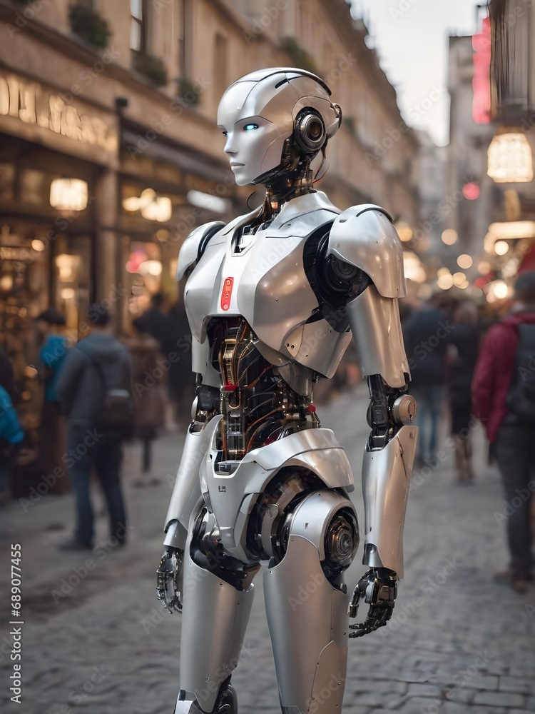 female robot standing in the street, analysing people female robot standing in the street, analysing people