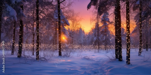 Enchanting Sunset in the Wood Between Trees with Falling Snow - Winter's Twilight Magic - Capturing the Serenity of Nature's Evening Dance 