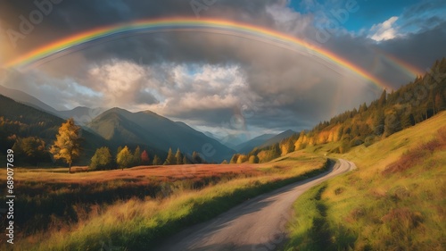 rainbow in the mountains,Amazing scene in summer mountains. Lush green grassy meadows in fantastic evening sunlight. Rural road and beautyful rainbow in dramatic sky. Landscape photography