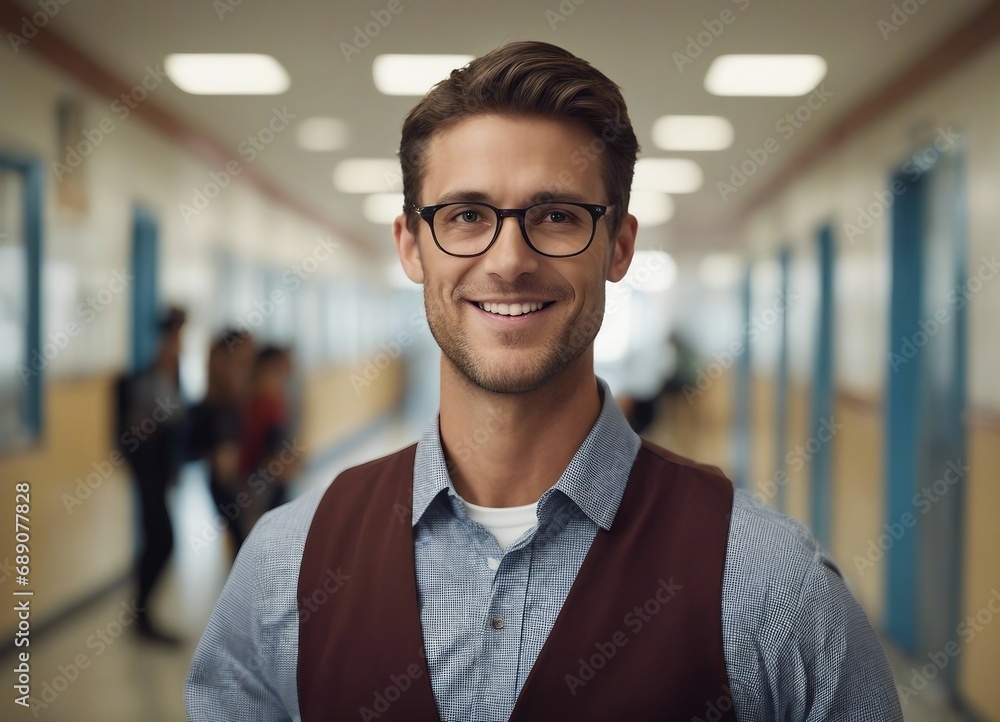 Obraz premium portrait of young male elementary school teacher in school hallway, students blurred in background