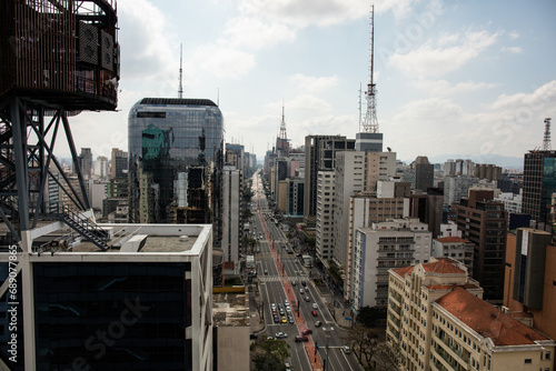Panoramic aerial view of the City of São Paulo with Avenida Paulista below #689077865