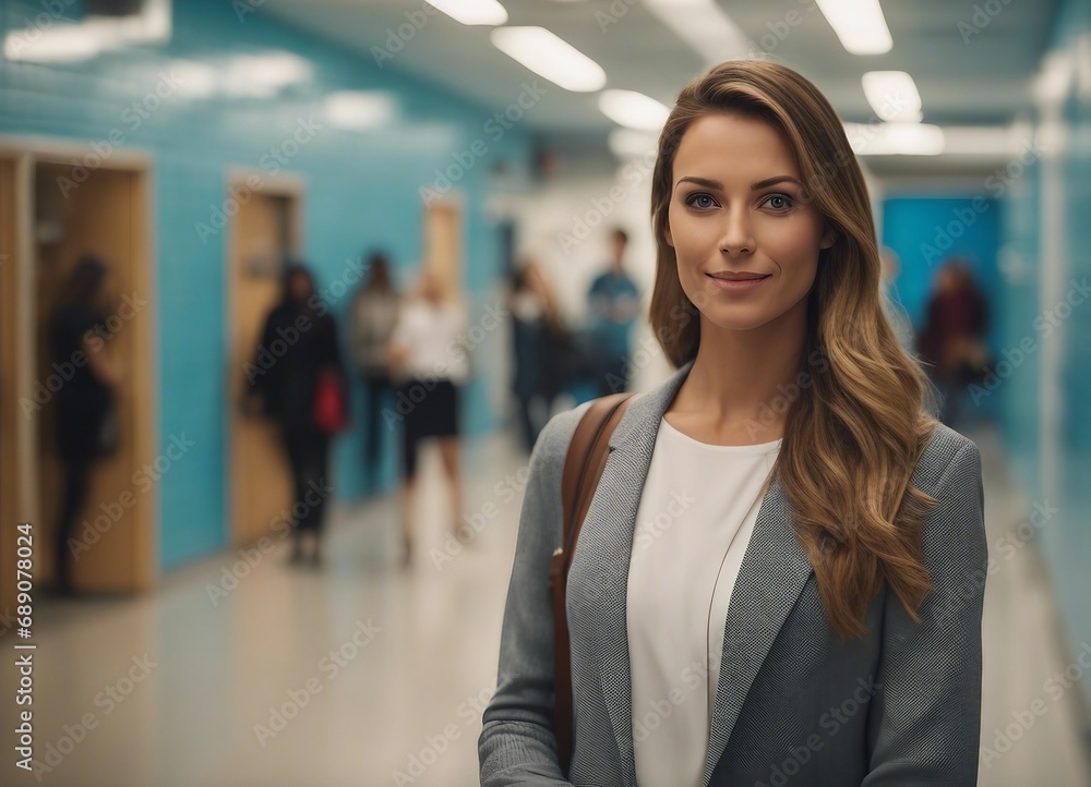 portrait of young female elementary school teacher in school hallway, students blurred in background
portrait of young female elementary school teacher in school hallway, students blurred in background