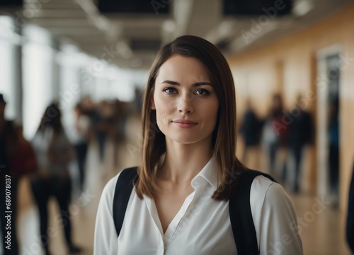 portrait of young female elementary school teacher in school hallway, students blurred in background