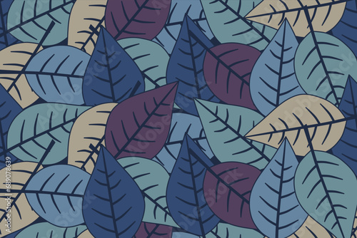 Dark blue nature leaves pattern design. Seamless pattern. Vector illustration.