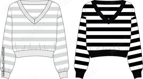 Women's Nautical Striped Crop Sweater- Sweater technical fashion illustration. oversize sweatshirt for women v neck.
