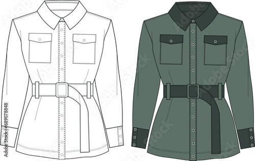 Coat technical fashion illustration. Parka jacket unisex. Jacket Military with army belt. fashion technical drawing template. 