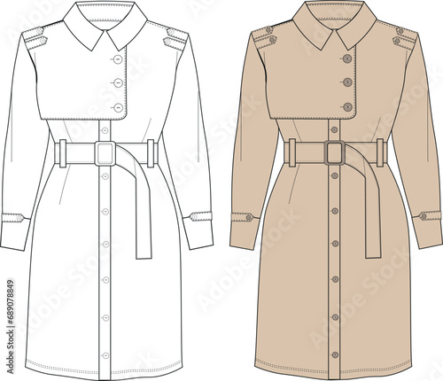 Women's double-breasted trench coat. Fashion sketch. Flat technical drawing. coat with belt, Female trench coat.