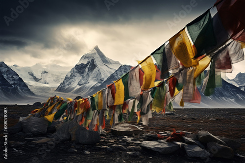 Himalaya-Gebetszauber - Eine beeindruckende Aufnahme von farbenfrohen Gebetsfahnen, die im Wind flattern und die spirituelle Atmosphäre des Himalaya-Gebirges einfangen