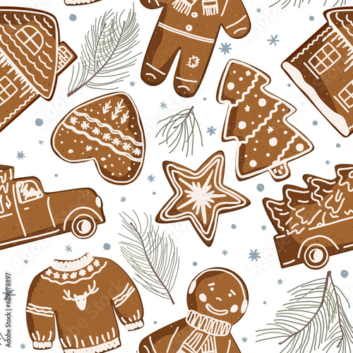 Christmas gingerbread cookies with doodle icing and pine branches seamless pattern, vector illustration. House, car, sweater, star, ginger man, and tree. New Year Eve pattern