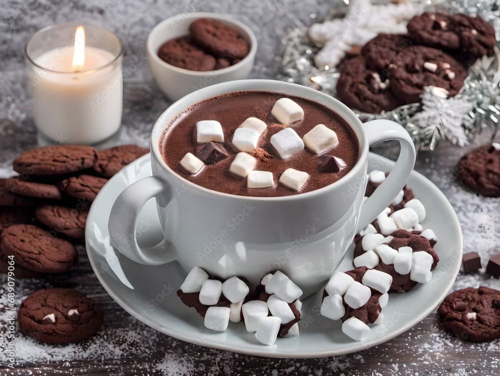 Hot chocolate with marshmallows and chocolate cookies on Christmas Hot chocolate with marshmallows and chocolate cookies on Christmas