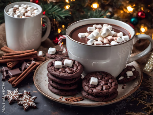 Hot chocolate with marshmallows and chocolate cookies on Christmas