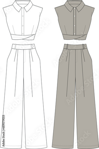 women wide leg pants fashion flat sketch vector illustration. Women Straight Cut Formal Pant. Palazzo Pants drawing and Women's Cropped Shirt Blouse top flat sketch fashion illustration drawing set