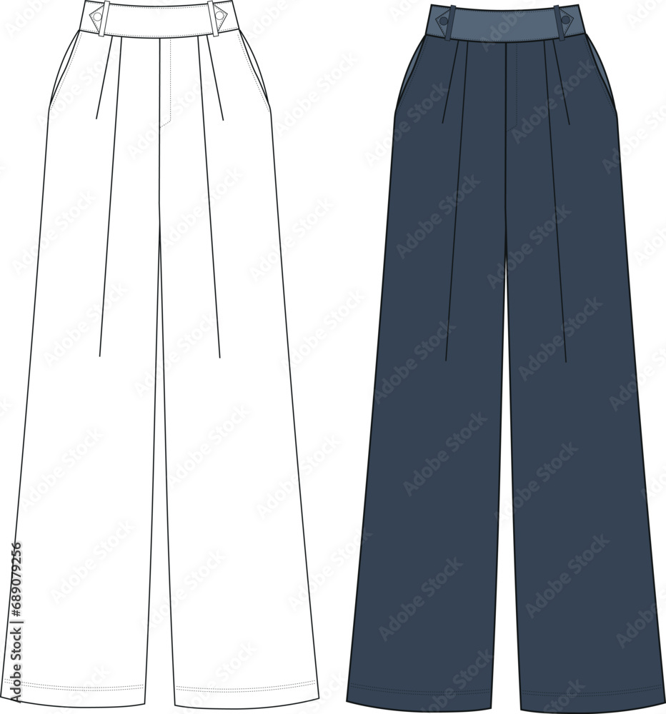 women wide leg pants fashion flat sketch vector illustration. Women Straight Cut Formal Pant. Palazzo Pants drawing - obrazy, fototapety, plakaty 