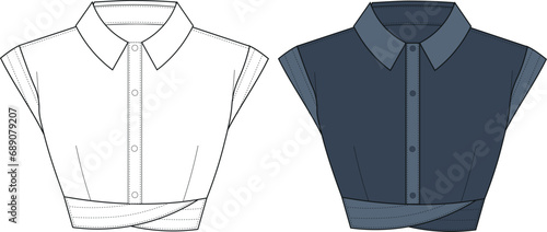Vector drop shoulder T-Shirt with buttons fashion CAD, woman sleeveless crop shirt technical drawing, sketch.