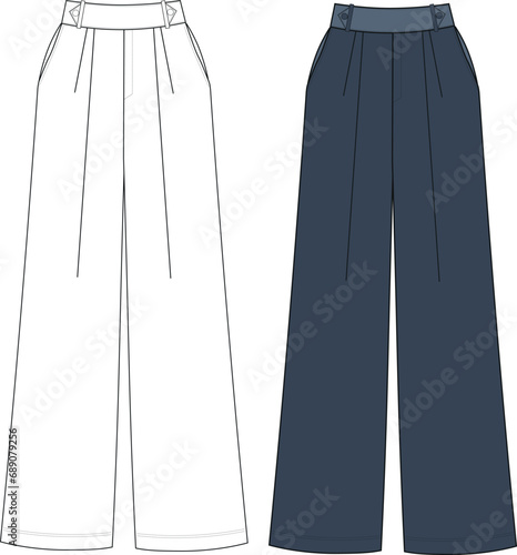 women wide leg pants fashion flat sketch vector illustration. Women Straight Cut Formal Pant. Palazzo Pants drawing