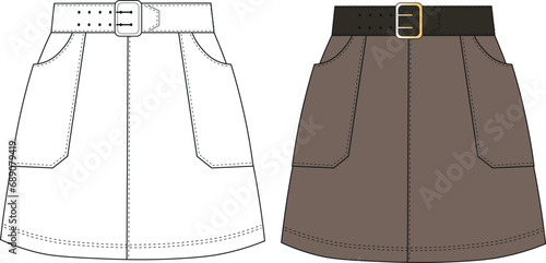 High-waist mini skirt with leather belt. Women's casual skirt set. Vector illustration. Women's A-Line Mini Denim Skirt- Denim skirt technical fashion illustration with pocket.