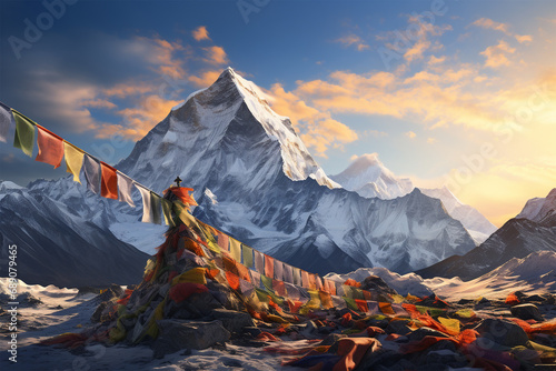 Himalaya-Gebetszauber - Eine beeindruckende Aufnahme von farbenfrohen Gebetsfahnen, die im Wind flattern und die spirituelle Atmosphäre des Himalaya-Gebirges einfangen